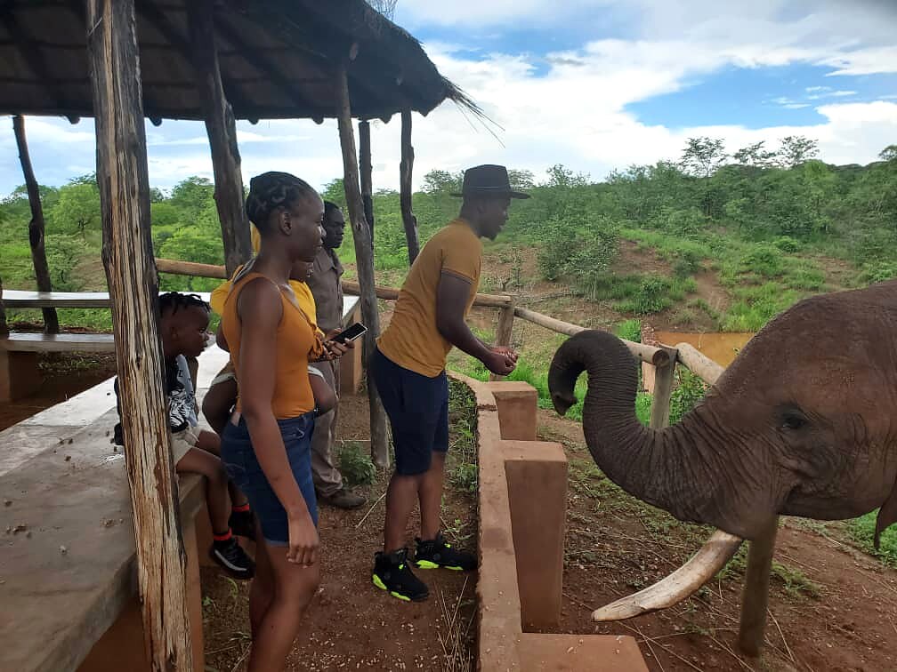 Pauline Saviye and her family during an elephant interaction in Livingstone